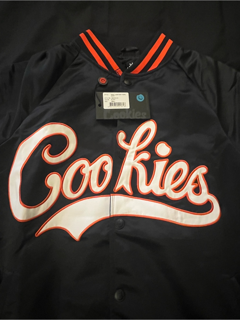 Cookies Men’s Black & White Varsity Bomber Jacket with Orange Trim